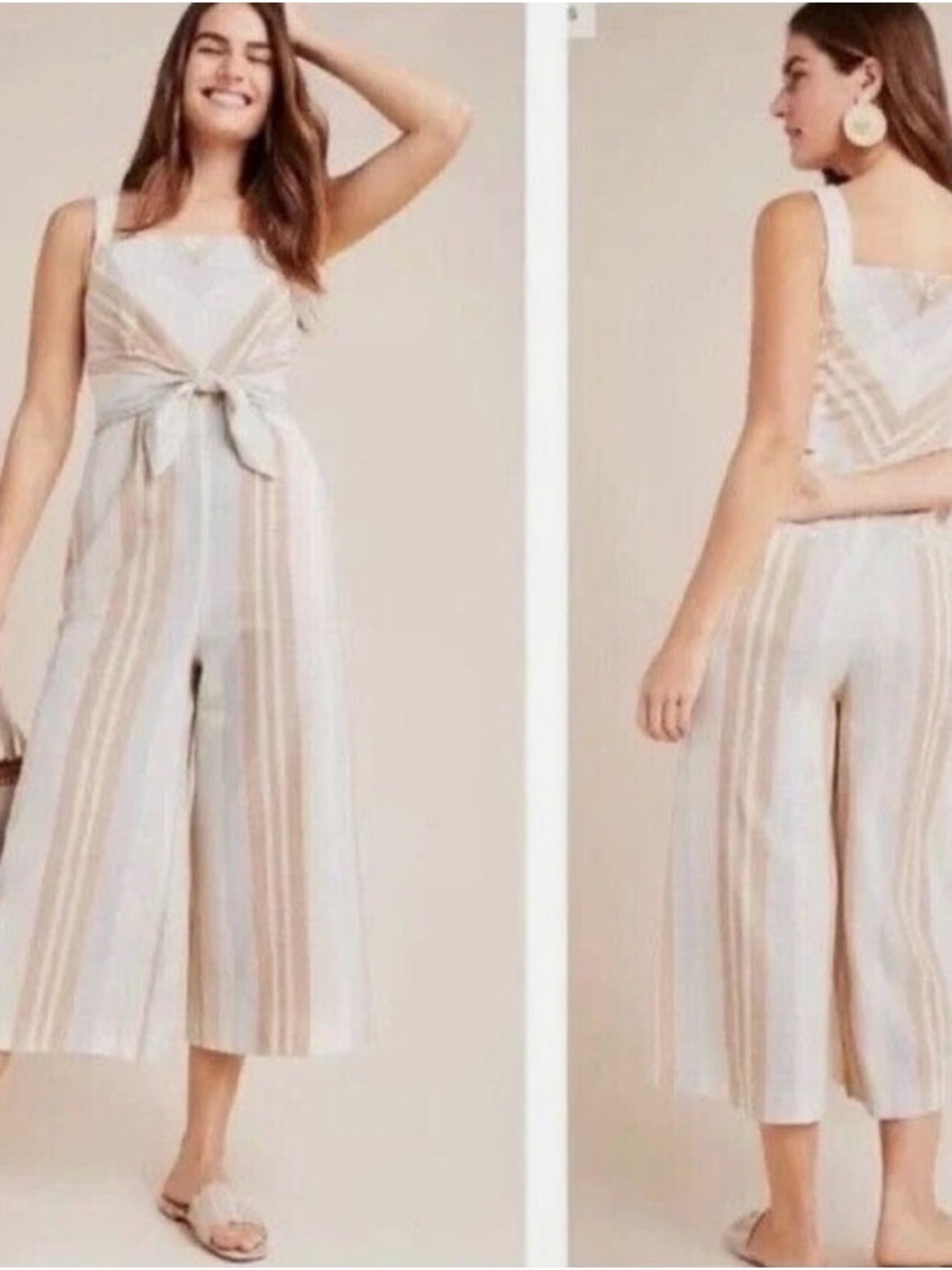 Anthropologie Savannah Beige Striped Linen Blend Jumpsuit‎ Size O